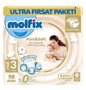 Molfix Pure Soft 3 Numara Bantlı Bebek Bezi 98'li