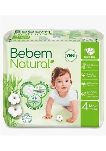 Bebem Natural 4 Numara Bantlı Bebek Bezi 52'li