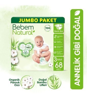 Bebem Natural 3 Numara Bantlı Bebek Bezi 68'li