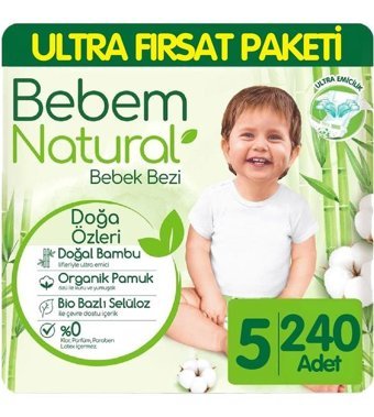 Bebem Natural 5 Numara Bantlı Bebek Bezi 3x80'li