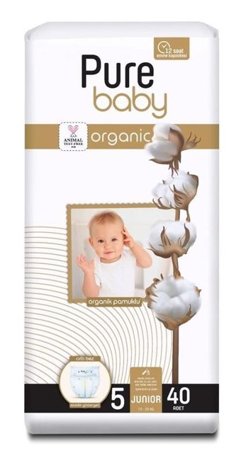 Pure Baby Organik 5 Numara Organik Bantlı Bebek Bezi 40'lı