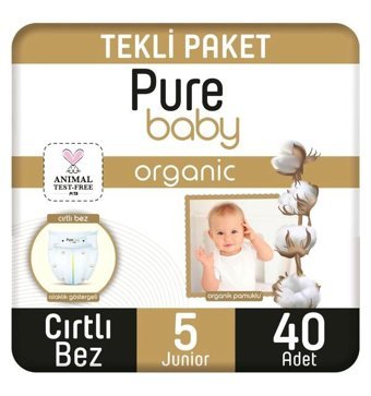 Pure Baby Organik 5 Numara Organik Bantlı Bebek Bezi 40'lı