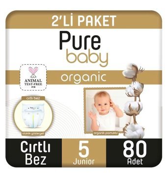 Pure Baby Organik 5 Numara Organik Bantlı Bebek Bezi 80'li