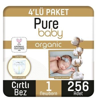 Pure Baby Organik 1 Numara Organik Bantlı Bebek Bezi 256'lı