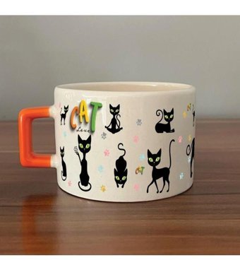 Mor Mürekkep Cat Love Baskılı Turuncu Kulplu C Fincan
