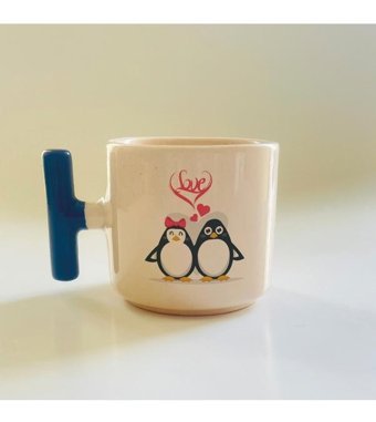 Mor Mürekkep Love Penguenler Baskılı Mavi Kulplu T Kupa