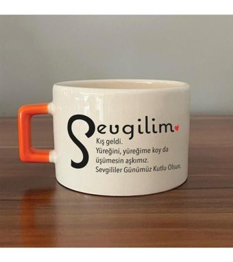 Mor Mürekkep Sevgilim Baskılı Turuncu Kulplu C Fincan