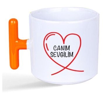 Mor Mürekkep Canım Sevgilim Baskılı Turuncu Kulplu T Kupa