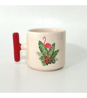 Mor Mürekkep Flamingo Baskılı Kırmızı Kulplu T Kupa