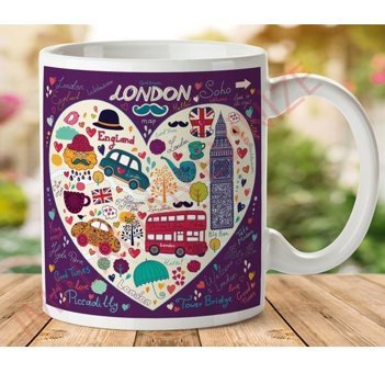 Art Hediye 1-290 Londra Kalp İki Tarafı Baskılı Kupa Bardak