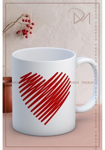 Truego Kupa Bardak Seramik Mug - Çizgi Kırmızı Sevgi Kalp