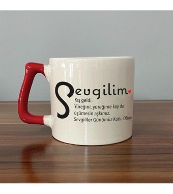 Mor Mürekkep Sevgilim Baskılı Kırmızı Kulplu D Kupa