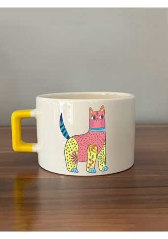 Mor Mürekkep Sarı Pembe Kedi Baskılı Sarı Kulplu C Kupa