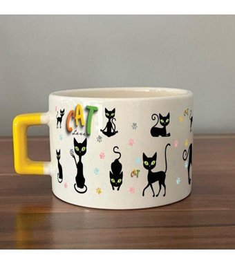 Mor Mürekkep Cat Love Baskılı Sarı Kulplu C Fincan