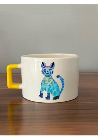 Mor Mürekkep Mavi Kedi Baskılı Sarı Kulplu C Fincan