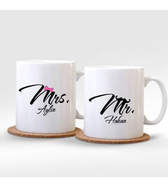 Bk Kişiye Özel İkili Mr. & Mrs. Beyaz Kupa Bardak - 002