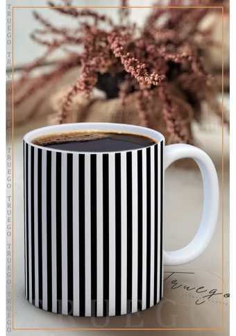Truego Baskılı Kupa Bardak Seramik Mug - Siyah Çizgiler