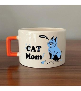 Mor Mürekkep Cat Mom Baskılı Turuncu Kulplu C Fincan