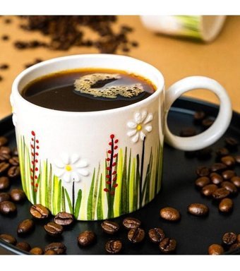 İlbay Çini Takı Silindir Seramik Kupa Mug Beyaz Papatya