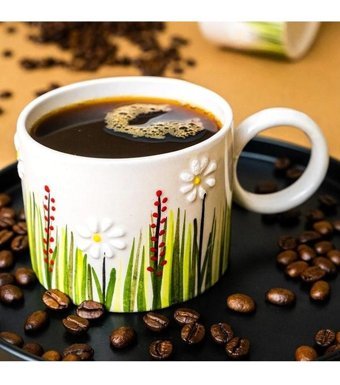 İlbay Çini Takı Silindir Seramik Kupa Mug Beyaz Papatya