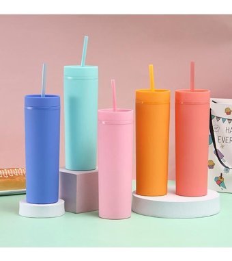 Luckystar Düz Renk 16Oz Çift Katlı Plastik Kupa - Mavi