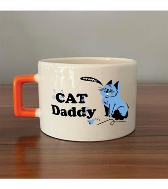 Mor Mürekkep Cat Daddy Baskılı Turuncu Kulplu C Fincan