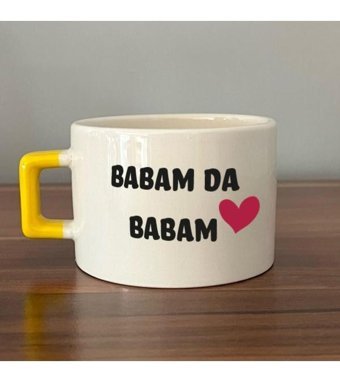 Mor Mürekkep Babam Da Babam Baskılı Sarı Kulplu C Fincan