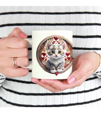 Kreatif Kupa Kalp Motifli Kedi Desenli Porselen Kupa