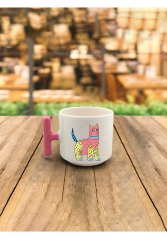 Mor Mürekkep Sarı Pembe Kedi Baskılı Pembe Kulplu T Kupa
