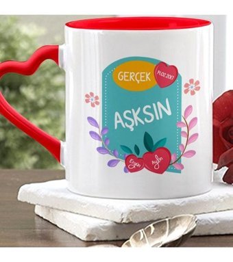 Bk Kişiye Özel Gerçek Aşksın Kırmızı Kalpli Kupa Bardak