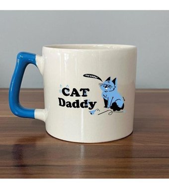 Mor Mürekkep Cat Daddy Baskılı Mavi Kulplu D Kupa