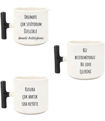 Baskıbazar Siyah T Kulp Yazı Baskılı 3 Lü Kupa Seti