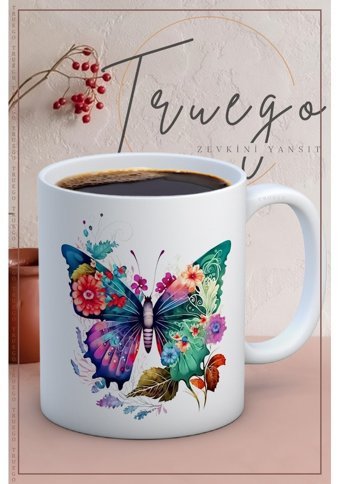 Truego Baskılı Kupa Bardak Seramik Mug - Renkli Kelebekler