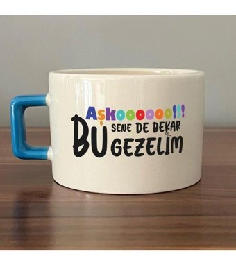 Mor Mürekkep Aşkoooooo Baskılı Mavi Kulplu C Fincan