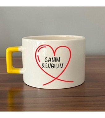 Mor Mürekkep Canım Sevgilim Baskılı Sarı Kulplu C Fincan