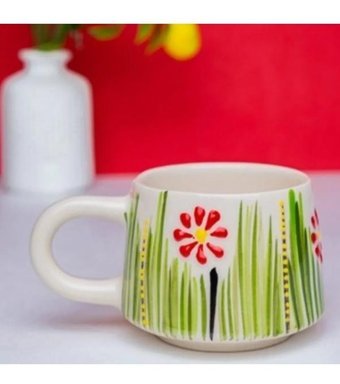 İlbay Çini Takı Klasik Seramik Kupa Mug Kırmızı Papatya