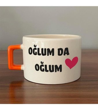 Mor Mürekkep Oğlum Da Oğlum Baskılı Turuncu Kulplu C Fincan