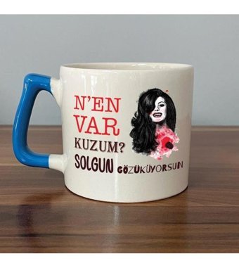 Mor Mürekkep Nen Var Kuzum Baskılı Mavi Kulplu D Kupa