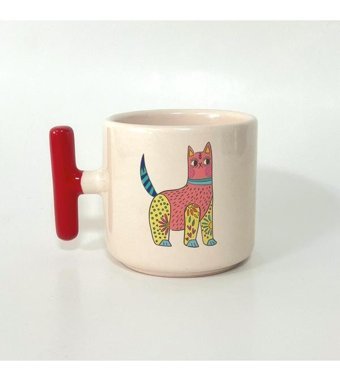 Mor Mürekkep Sarı Pembe Kedi Baskılı Kırmızı Kulplu T Kupa