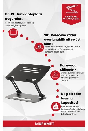 Mufamet Basic 2 Katlanabilir Metal Dikey Ayarlanabilir Taşınabilir Ayaklı Hareketli Laptop Standı