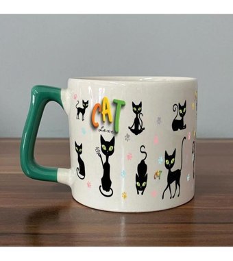 Mor Mürekkep Cat Love Baskılı Yeşil Kulplu D Kupa