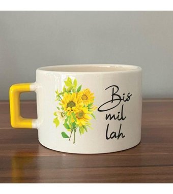 Mor Mürekkep Bismillah Baskılı Sarı Kulplu C Fincan