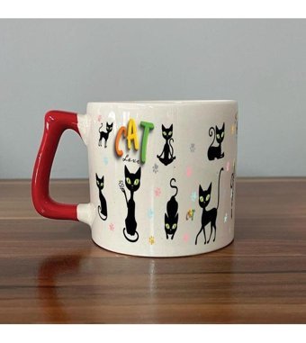Mor Mürekkep Cat Love Baskılı Kırmızı Kulplu D Kupa