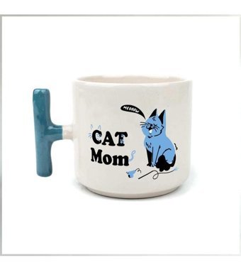 Mor Mürekkep Cat Mom Baskılı Mavi Kulplu T Kupa