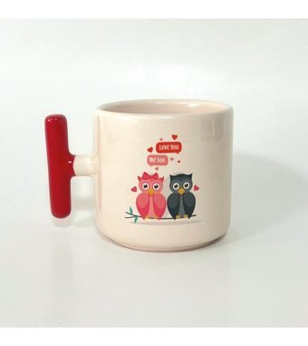 Mor Mürekkep Love You Kuşlar Baskılı Kırmızı Kulplu T Kupa