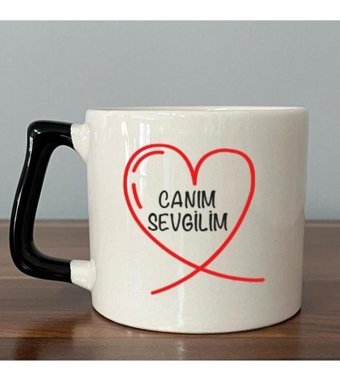 Mor Mürekkep Canım Sevgilim Baskılı Siyah Kulplu D Kupa