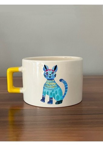 Mor Mürekkep Mavi Kedi Baskılı Sarı Kulplu C Kupa