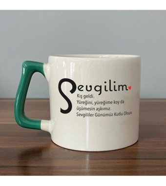 Mor Mürekkep Sevgilim Baskılı Yeşil Kulplu D Kupa