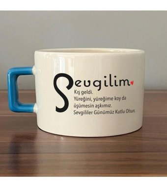 Mor Mürekkep Sevgilim Baskılı Mavi Kulplu C Fincan