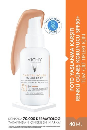 Vichy Capital Soleil Renkli 50 Faktör İçin Leke Karşıtı Nemlendirici Yaşlanma Karşıtı Suya Dayanıklı Yüz Güneş Kremi 40 ml